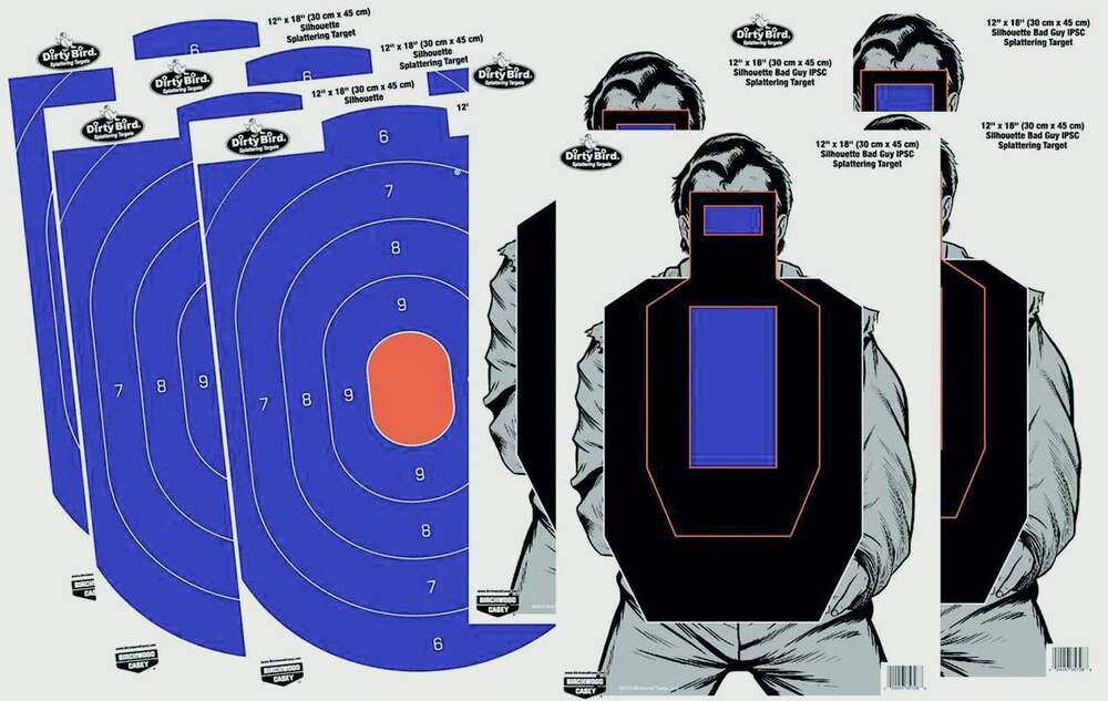 Targets Birchwood Casey Ready Series DIRTY BIRD COMBO 12" X 18" 4-BLUE/ORANGE OVAL & 4-BAD GUY IPSC SILHOUETTE T